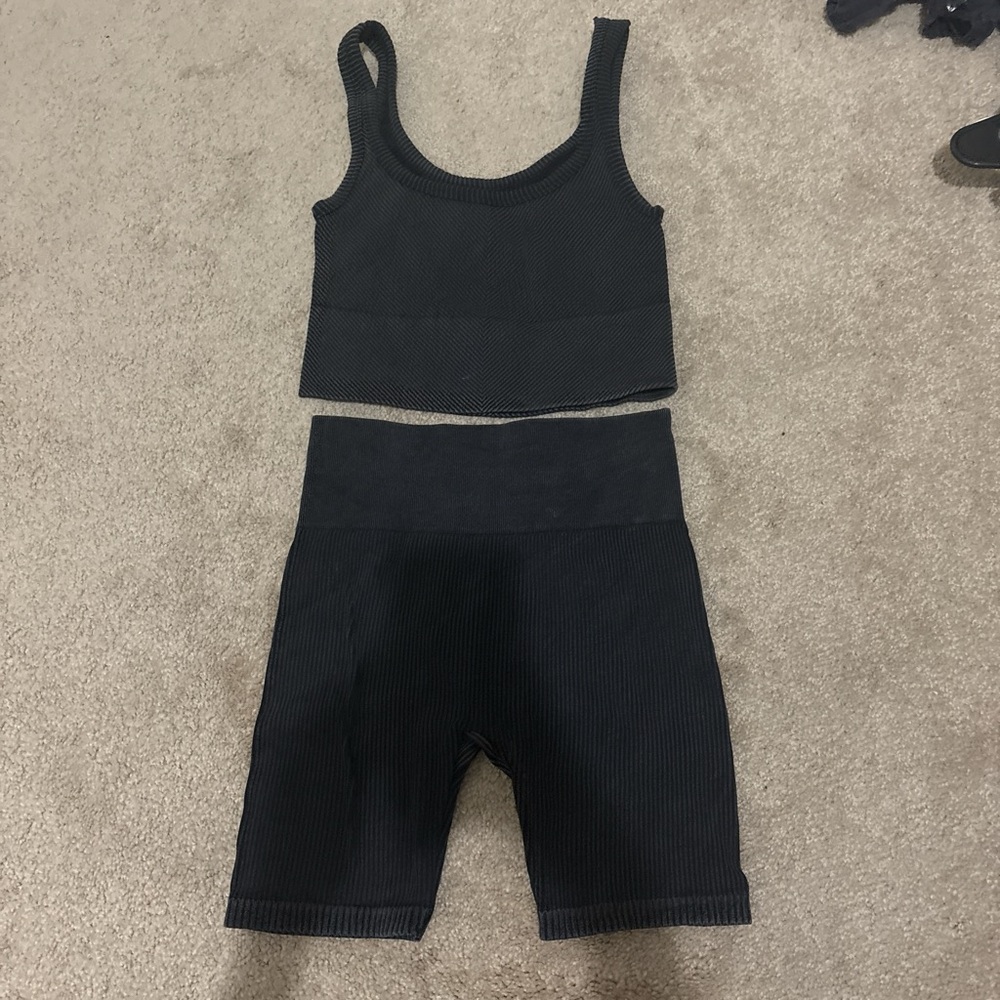 Black Ribbed Tank Top and Shorts Set